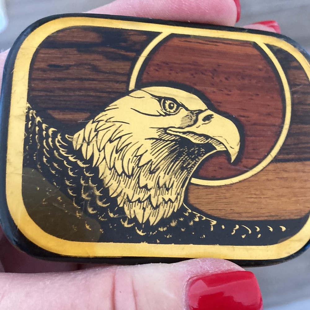 Vintage Harmony Metal solid brass wood inlay eagle belt buckle and leather belt